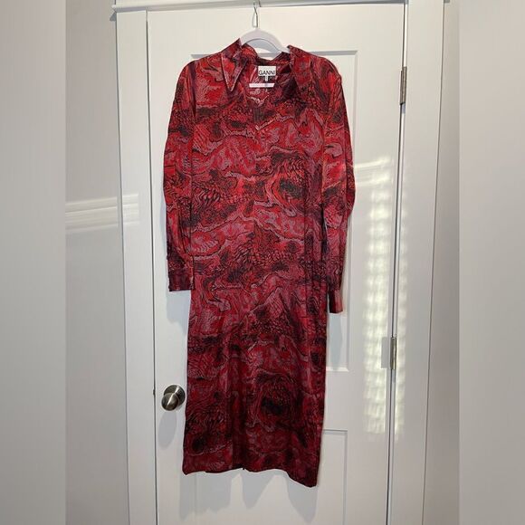 GANNI Snake-Print Silk-Blend Satin Midi Dress - Picture 5 of 10